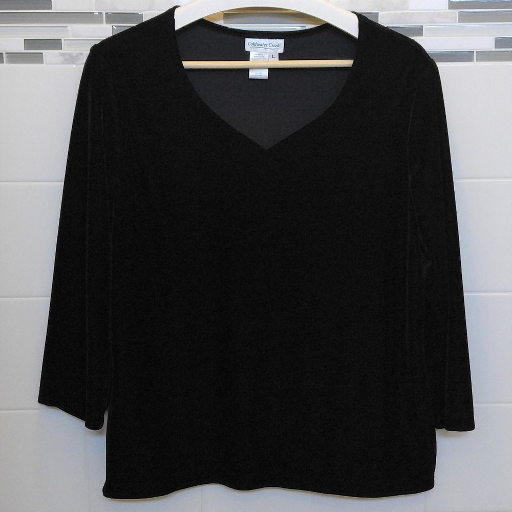 Coldwater Creek Black Velvet V-Neck 3/4 Sleeve Top